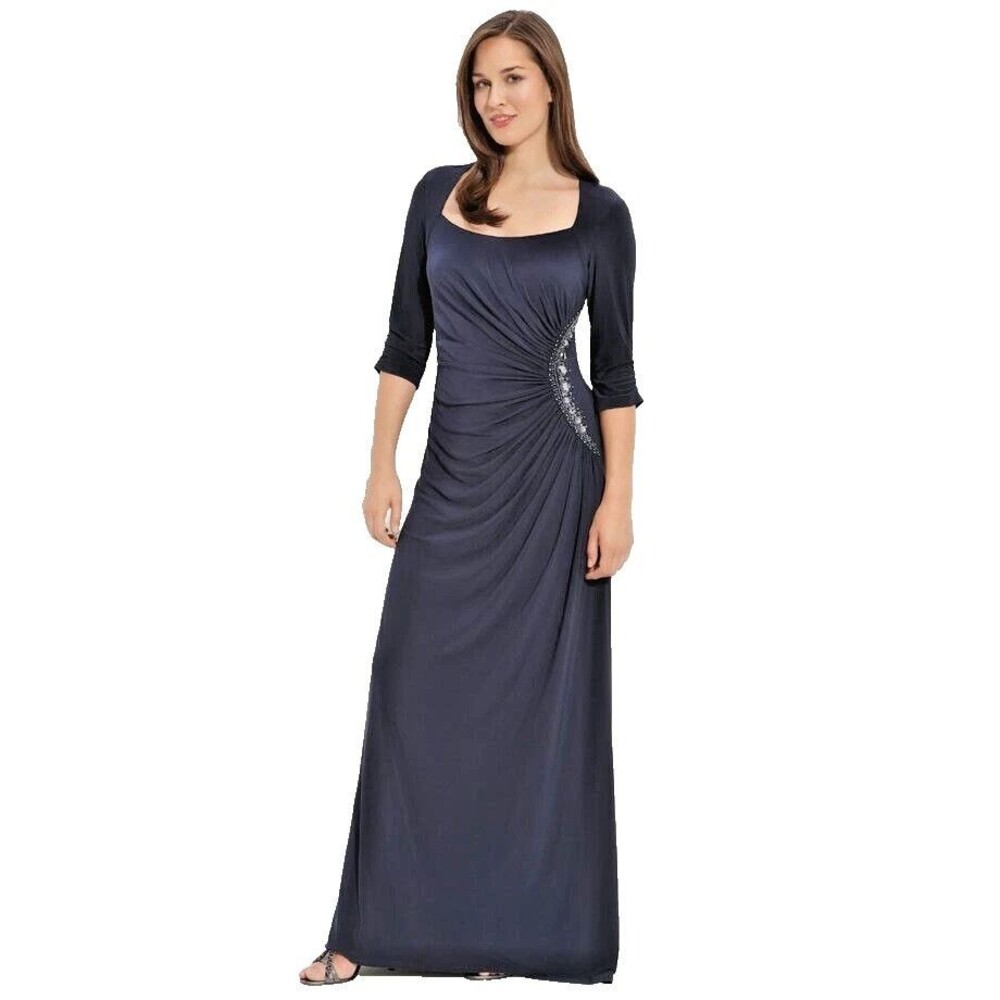 Adrianna Papell Size 12 Beaded Ruched Jersey Evening Dress/Gown Eclipse Blue